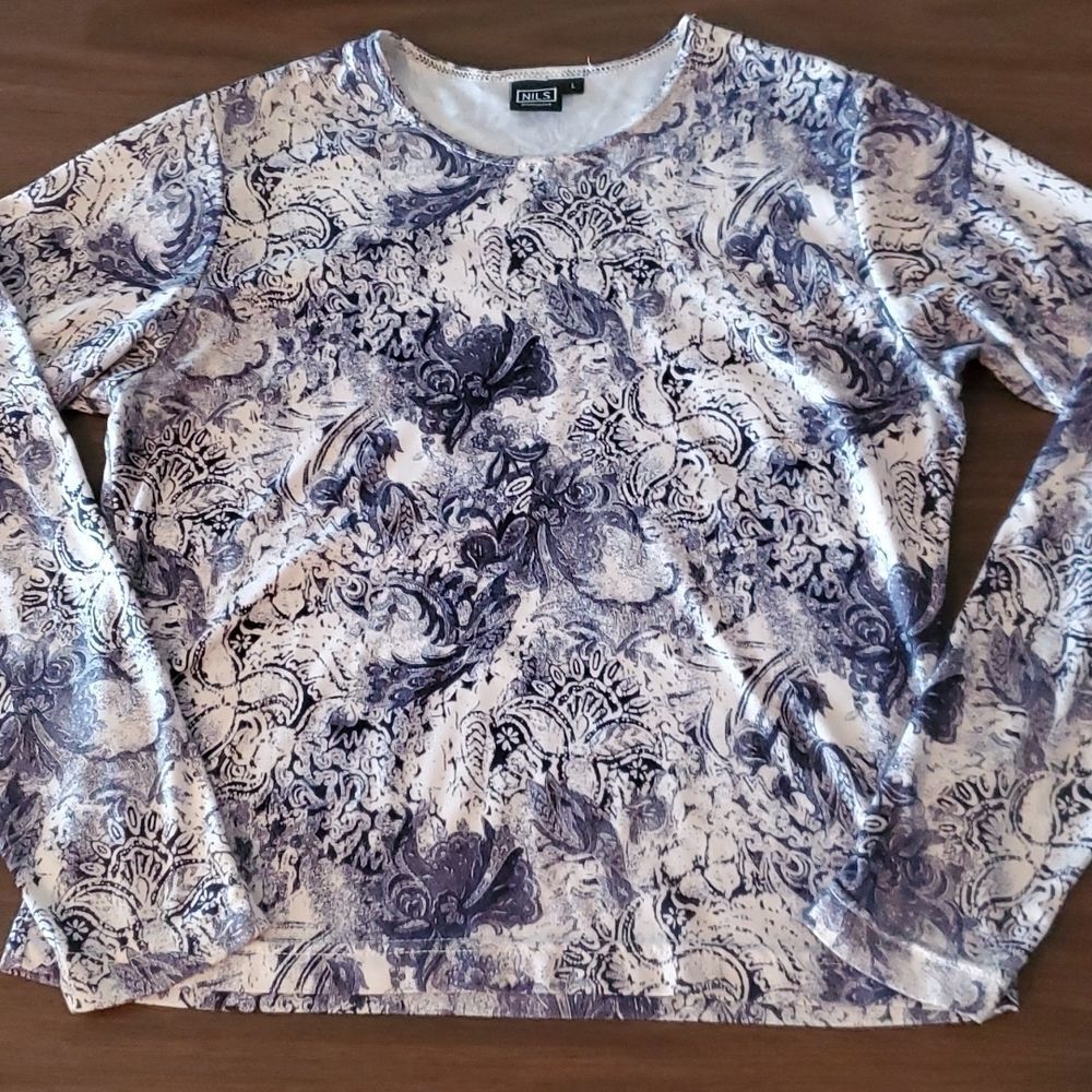 NILS Blue Abstract Print with Birds Long Sleeve Pullover Shirt‎ Large
